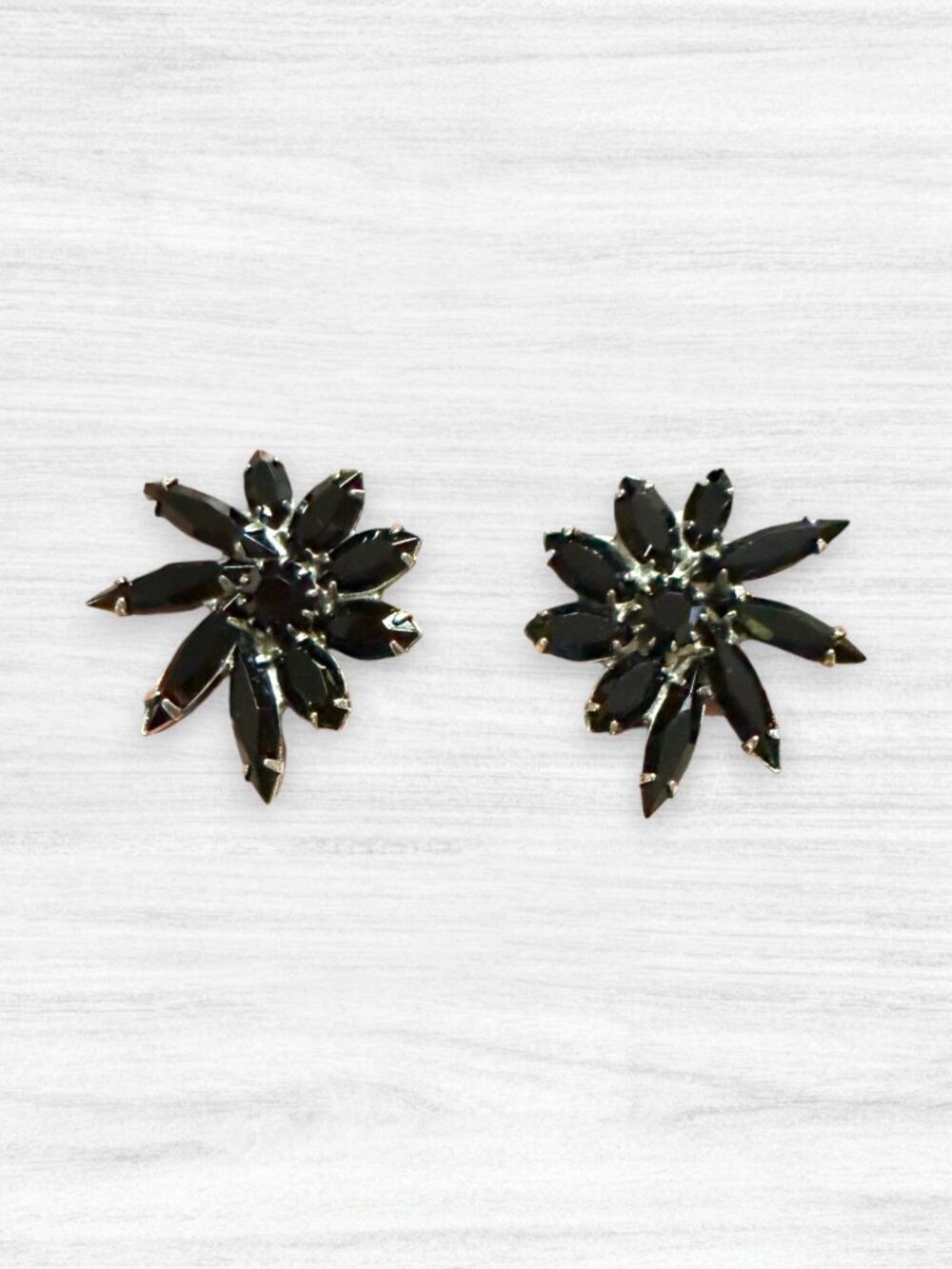 Vintage Black Navette Rhinestone Flower Starburst Clip On Earrings Mid Century